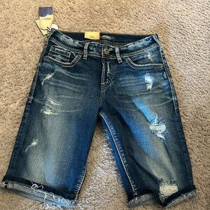 Silver Jeans Distressed Dark Blue Denim Bermuda Shorts